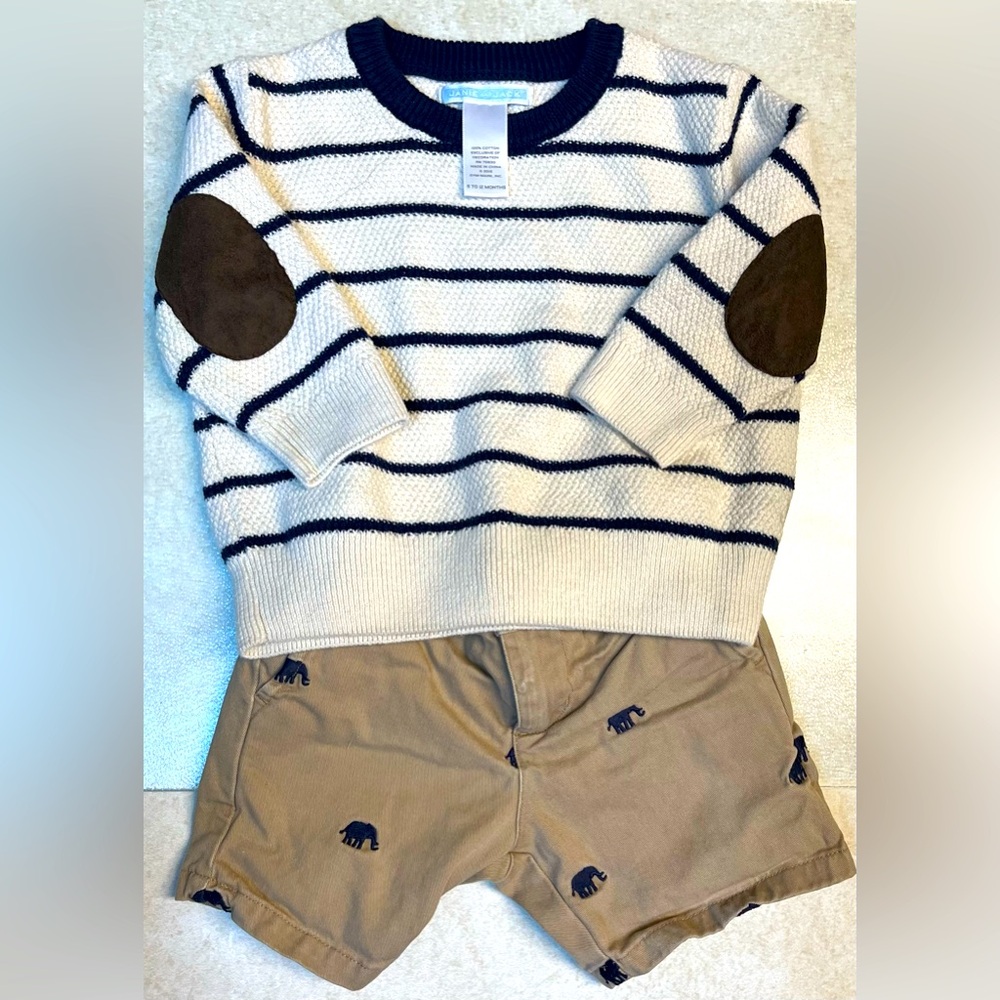 Janie and Jack Island Trek Sweater and Embroidered Shorts Outfit Size 6-12 Mo